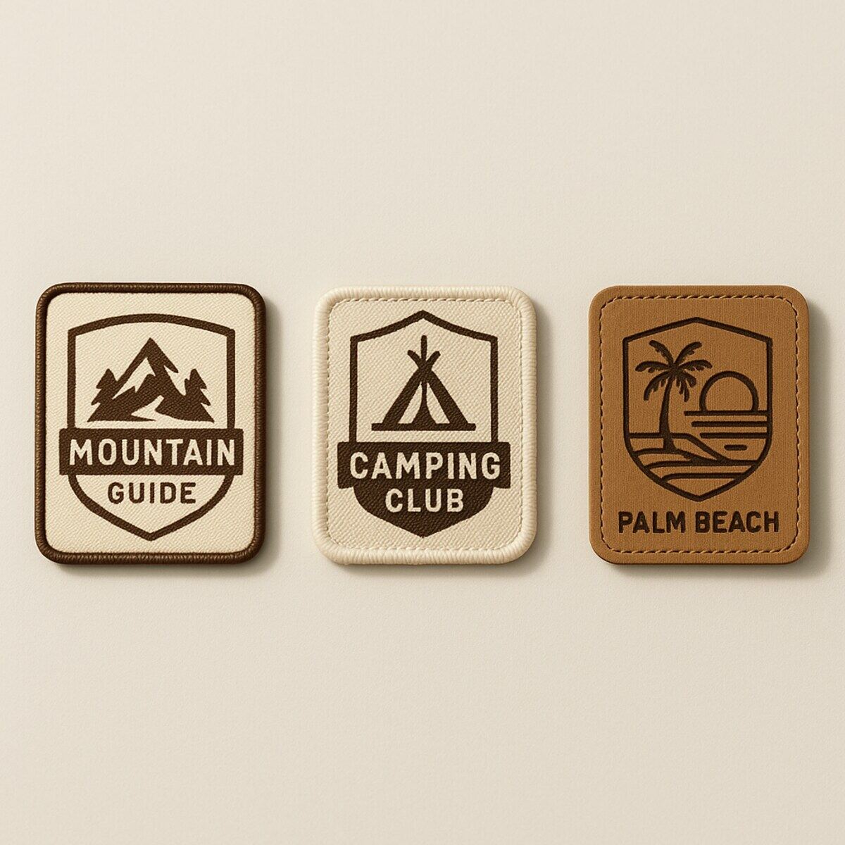 Three embroidered event patches laid out on the patch bar to choose from