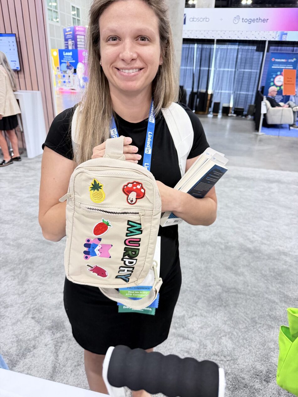 Canvas bag with several embroidered patches heat-applied at an event